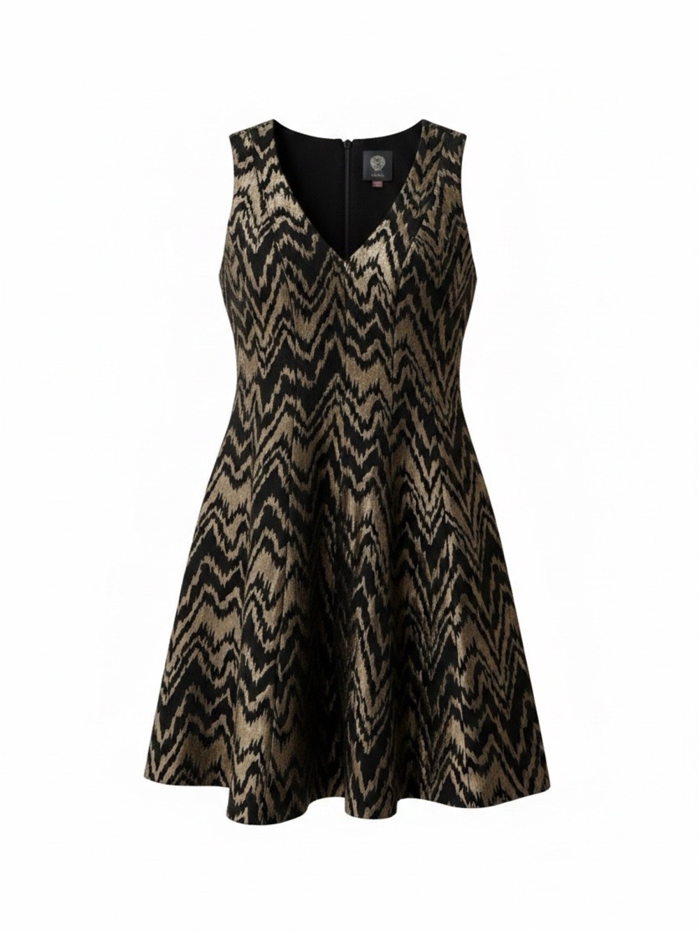 Vince Camuto Women’s Fall Black/Gold Chevron V-Neck Sleeveless Cocktail size 6